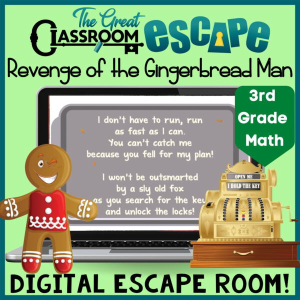 Third Grade Math Gingerbread Activity Digital Escape room to use before winter or Christmas break. A variety of 3rd grade math skills are addressed including multiplication, reading pictographs, and more.