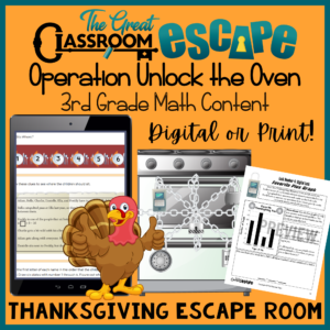 Fun Thanksgiving Math Activity for third graders. This digital or print escape room is perfect for your class Thanksgiving party.