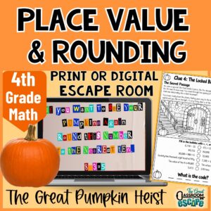 4th grade Halloween math escape room for place value and rounding, available in print or digital format