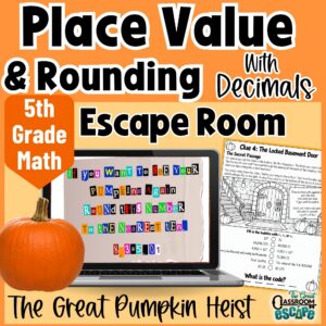 5th grade Halloween math escape room for decimal place value and rounding, available in print or digital format