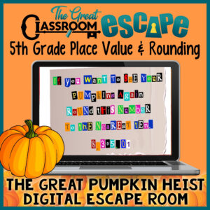 Fifth grade math digital escape room for Halloween or Fall to practice and review 5th grade place value and rounding math standards.