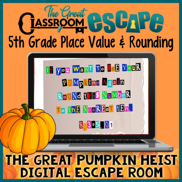 Fifth grade math digital escape room for Halloween or Fall to practice and review 5th grade place value and rounding math standards.