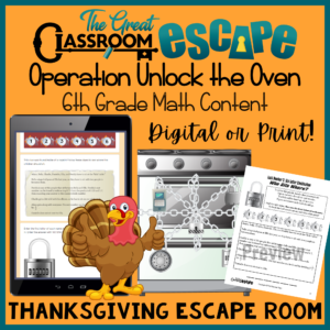 Engaging and fun 6th grade math activity for Thanksgiving. This product includes both a digital and printable escape room with challenging word problems and ciphers.