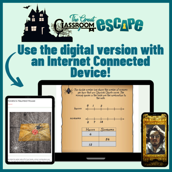 Sixth grade ratios activity digital escape room haunted house theme