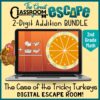 This two product bundle has digital escape room Thanksgiving math activities involving adding 2-digit numbers with and without regrouping. Second graders will love this fun and engaging fall math center on double digit addition.