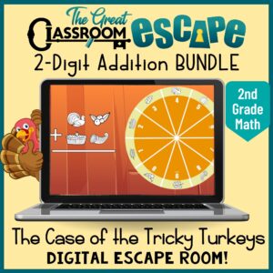 This two product bundle has digital escape room Thanksgiving math activities involving adding 2-digit numbers with and without regrouping. Second graders will love this fun and engaging fall math center on double digit addition.