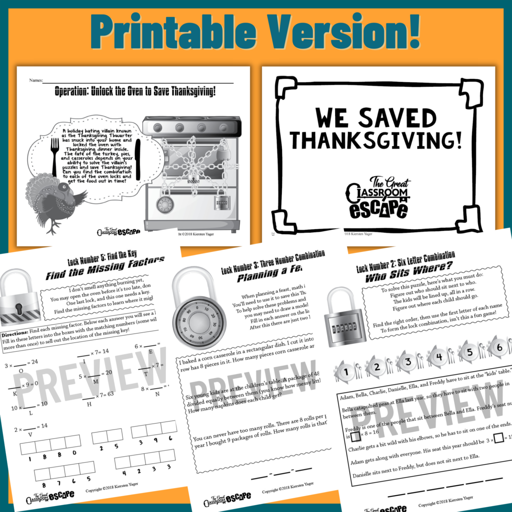 Thanksgiving Math Activity for 3rd Grade Digital or Print Escape Room ...