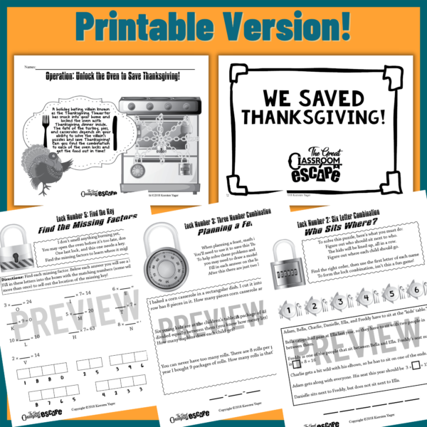 Third Grade Math Escape Room Thanksgiving Themed Educational Product