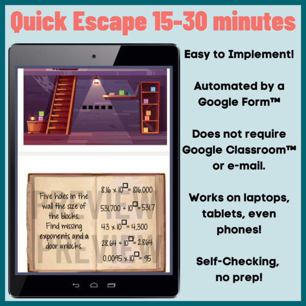 Online Escape Room Math Activity for 5th graders to practice and review multiplying and dividing by powers of 10.