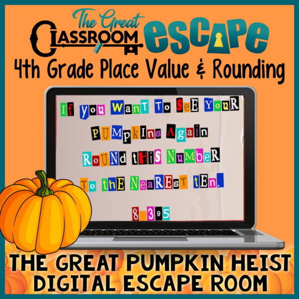 Place value and rounding activity that is based on 4th grade math standards. The pumpkin theme make this a perfect math activity for your fourth grade Halloween party. Digital escape rooms are great for practice and review