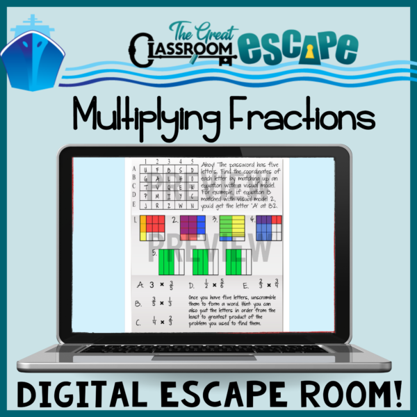 Multiplying Fractions Activity for 5th graders in a digital escape room format. This is a great worksheet alternative for practicing multiplication of fractions for fifth graders! Solve puzzles, codes, and ciphers as you stop the cruise ship with knowledge of fraction and mixed-number multiplication.