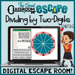 Dividing by two digits digital escape room activity for practicing and reviewing long division with a two digit divisor and dividends up to 4 digits. This is a fun and engaging activity for fifth graders!