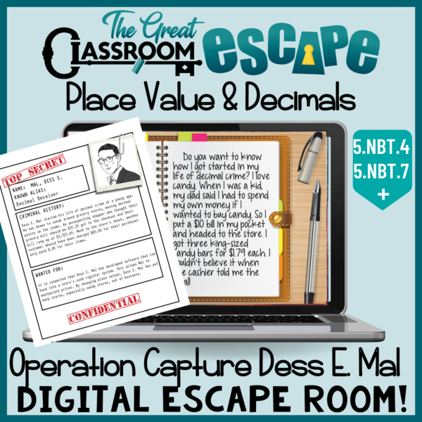 5th Grade Math Place Values and Decimals Activity. This digital escape room is a great worksheet alternative for adding and subtracting decimal numbers as well as rounding decimals. Place value with powers of 10 and more skills are practiced through engaging digital puzzles.