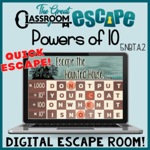 5th grade math digital escape room! The haunted house theme makes this a perfect Halloween math activity for students to practice multiplying and dividing by powers of ten.