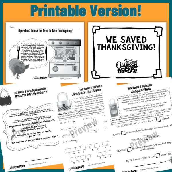 Printable Thanksgiving Activity for 5th garders