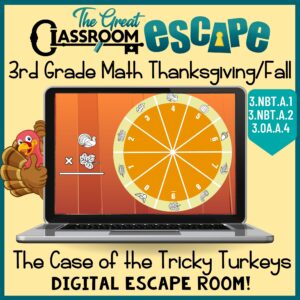 This 3rd Grade Math Thanksgiving Activity is a fun digital escape room with printable pages to increase student engagement. Students will practice third grade math standards and solve the puzzles left by the tricky turkeys. Multiplication, division, rounding, and more are included.