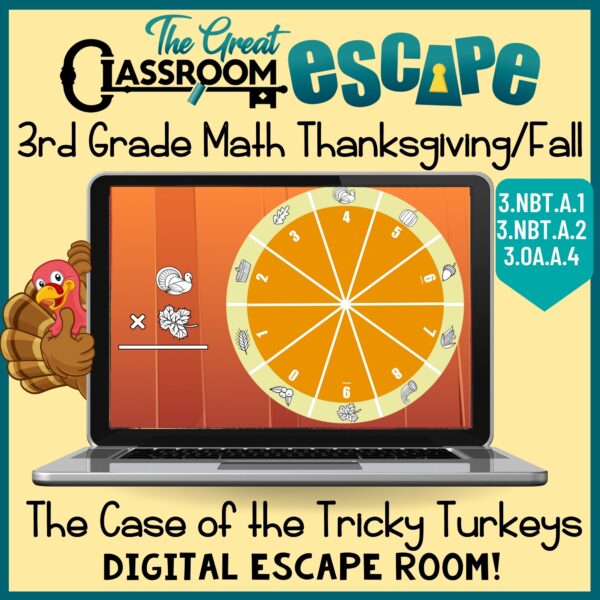 This 3rd Grade Math Thanksgiving Activity is a fun digital escape room with printable pages to increase student engagement. Students will practice third grade math standards and solve the puzzles left by the tricky turkeys. Multiplication, division, rounding, and more are included.