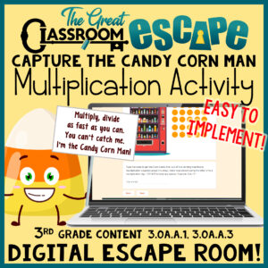 Third Grade Halloween Math Activity Fun Digital Escape Room for multiplication. Students race to capture the candy corn man by multiplying, finding missing factors, and solving puzzles.