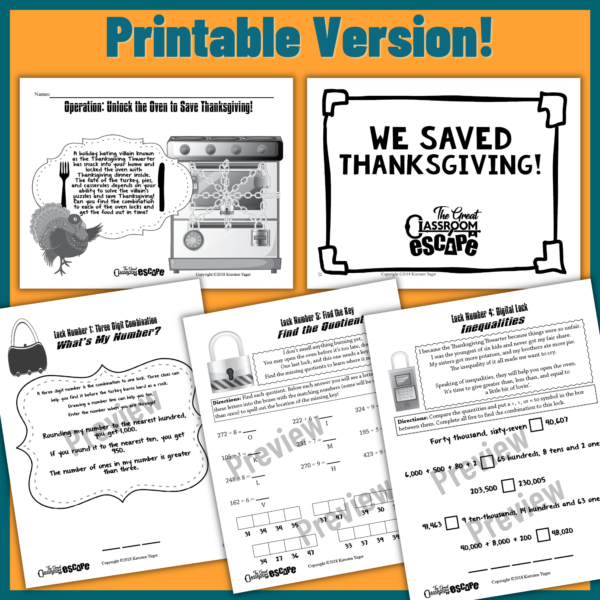 Printable Escape room for Thanksgiving 4th Grade Math Activity is fun and engaging for students before Thanksgiving break!