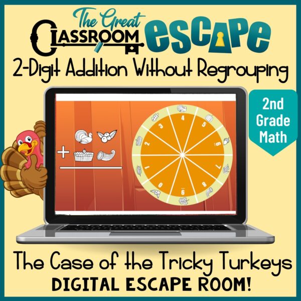 Adding Two Digits without regrouping digital escape room for 2nd grade. This is a perfect Thanksgiving math activity, or use it any time in the fall to help students with their double-digit addition skills.