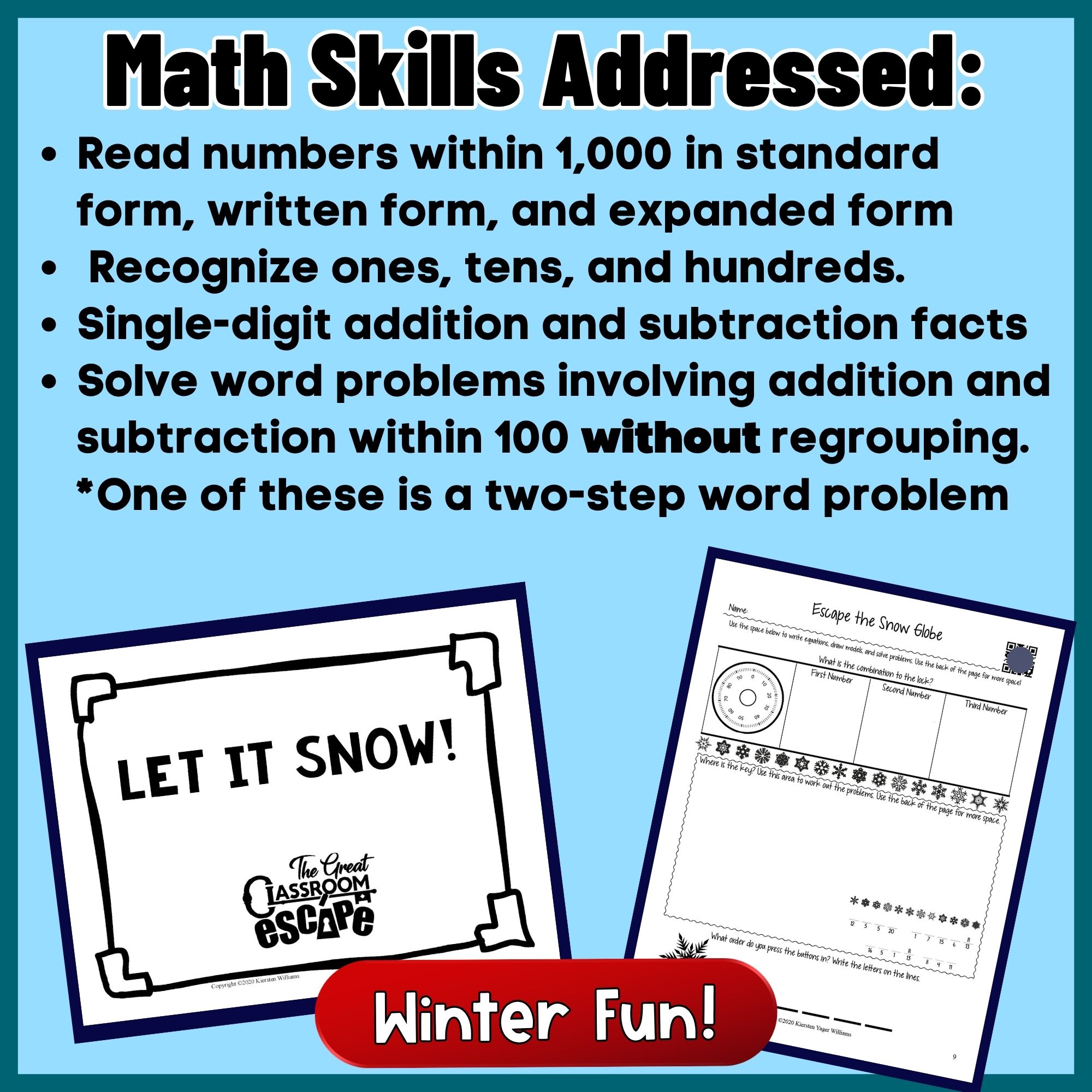 2nd grade winter math escape room skills and printable success sign