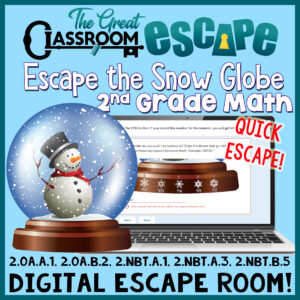 Fun second grade math activity to use before winter break or it can be used virtually for a snow day. Help the snowman escape the snow globe by using second grade math skills including solving word problems, understanding place value, and more.