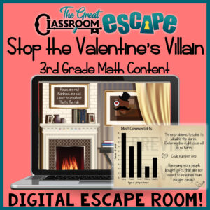 Third Grade Math Activity for Valentine's Day. In this digital escape room, students race to stop the Valentine's Day villain and recover the candy. Students solve multiplication problems, addition and subtraction within 1,000, interpreting bar graphs, and solve multi-step word problems to recover the candy.