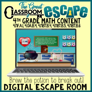 4th graders are tasked with using fourth grade math skills to finish brewing the potion and escape. A variety of fourth grade math skills are addressed including finding prime and composite numbers, equivalent fractions, solving word problems, and more. This digital escape room is a perfect 4th grade math Valentine's Day activity with its love potion theme.