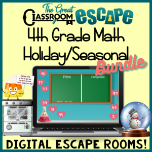 4th Grade Math Holiday & seasonal escape room bundle. These digital escape rooms are based on 4th grade math standards and include activities for Halloween, Thanksgiving, winter, Valentine's Day, St . Patrick's Day, and the end of the school year.