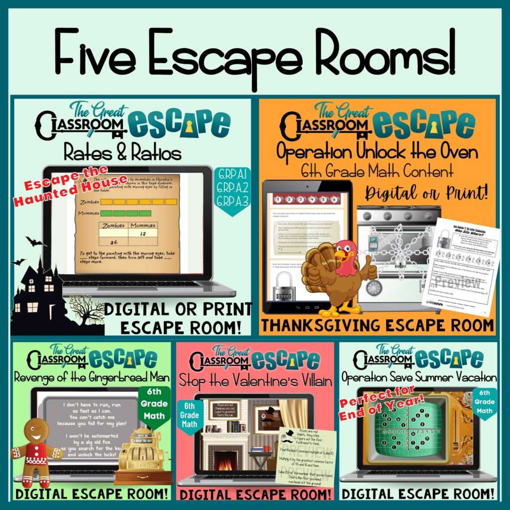 6th Grade Math Holiday & Seasonal Escape Room Bundle Standards Based ...