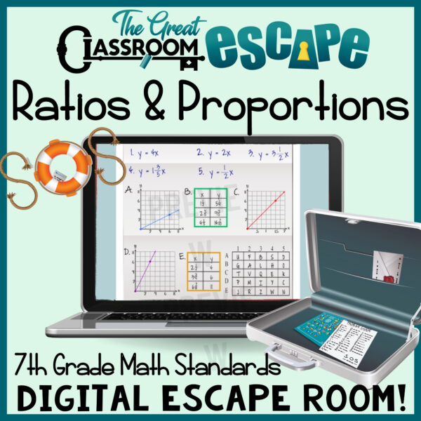 Digital escape room for 7th grade math to help practice and review concepts of rates and proportional relationship. Students will find the constant of proportionality with graphs, equations, and tables, form equivalent ratios with fractions and decimals, and solve fun puzzles and ciphers.