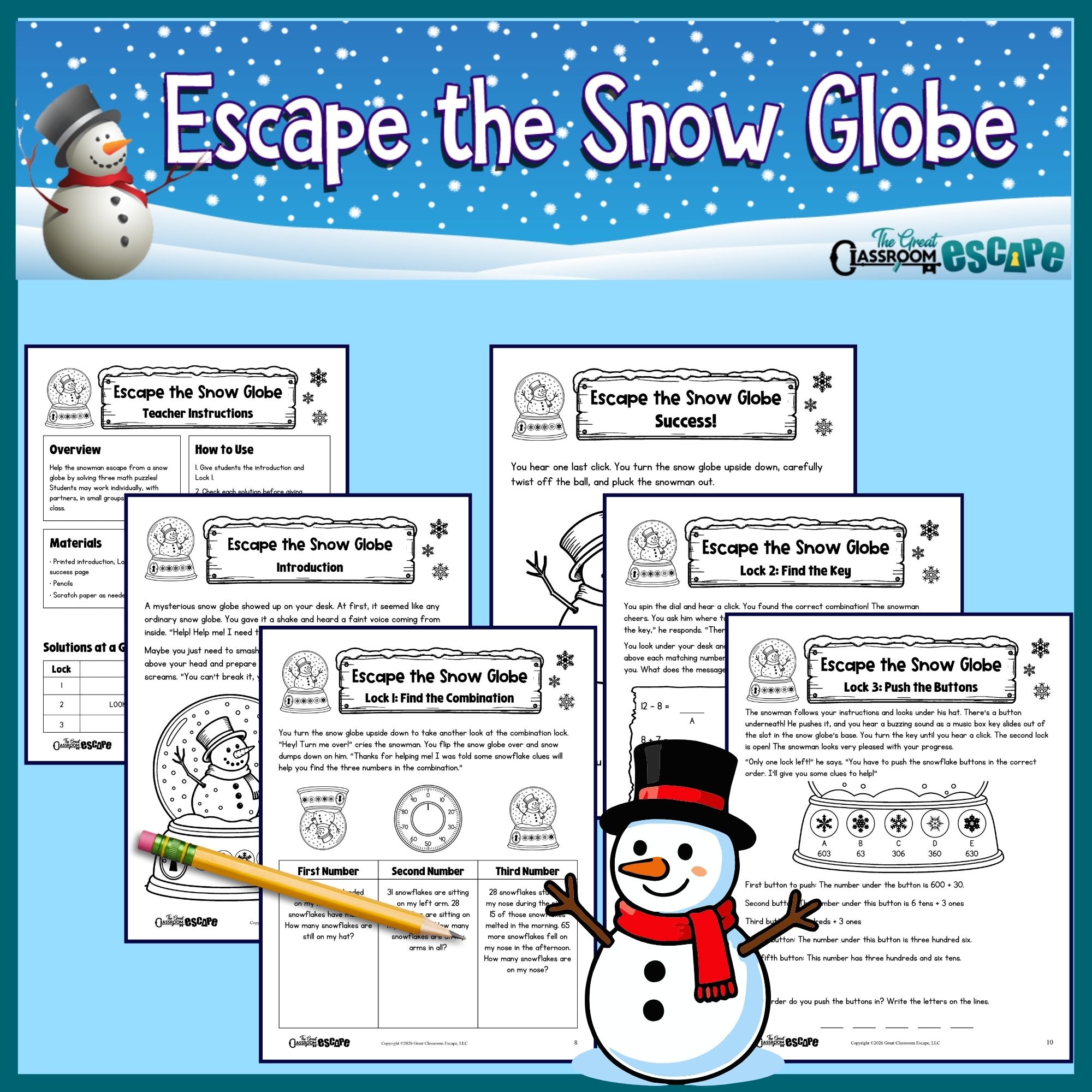 Printable 2nd grade Escape the Snow Globe winter math puzzle pages