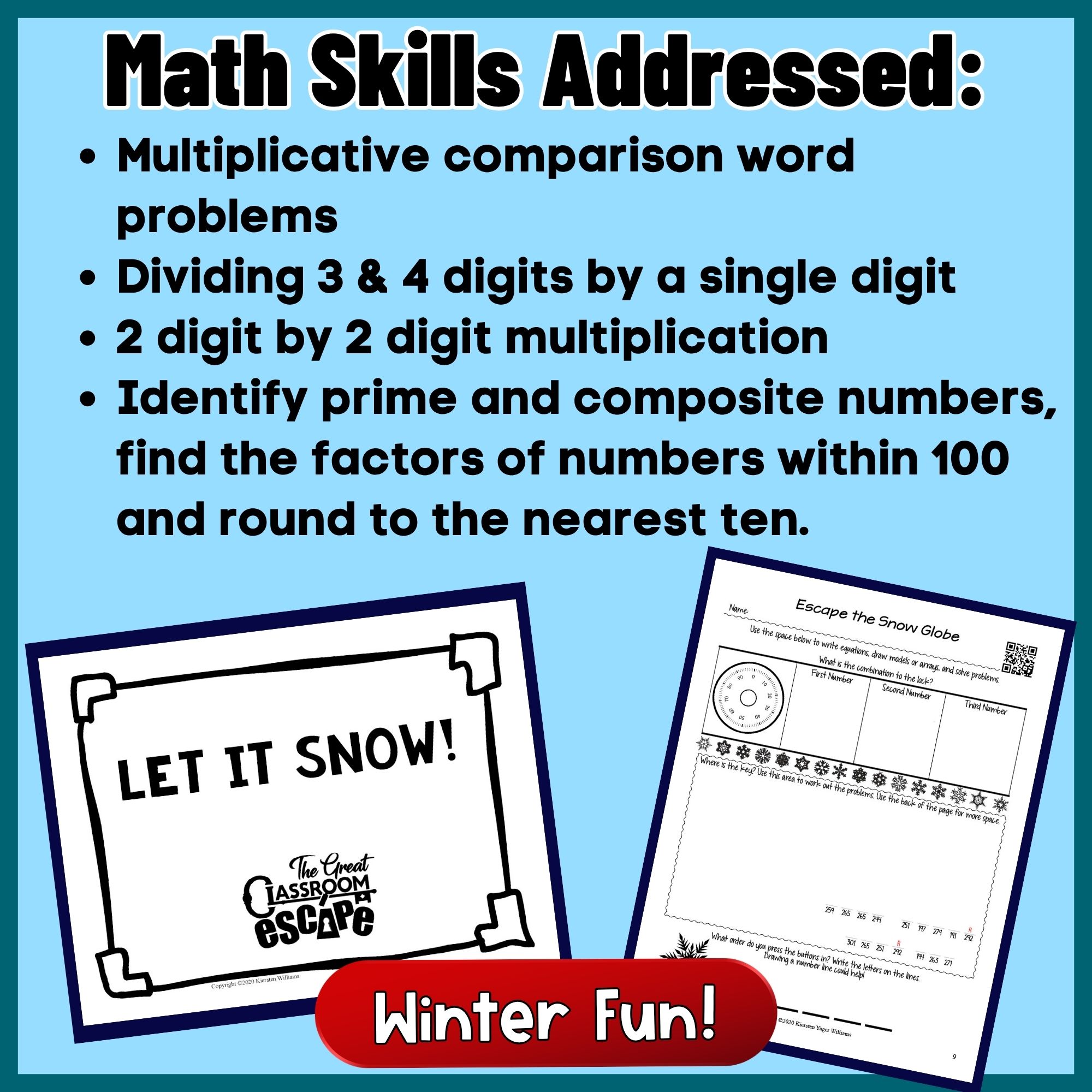 4th grade winter math escape room skills and printable success sign