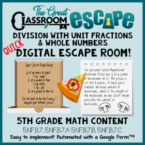 Digital escape room for dividing unit fractions by whole numbers and the division of whole numbers by unit fractions. Based on 5th grade math standards, this quick digital escape room is great for practicing and reviewing dividing with unit fractions.