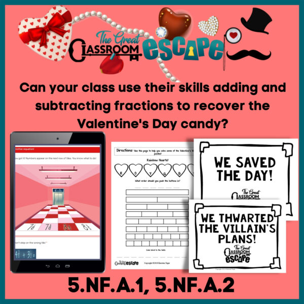 5th Grade Valentine's Day Math Activity Adding & Subtracting Fractions Digital Escape Room - Image 3