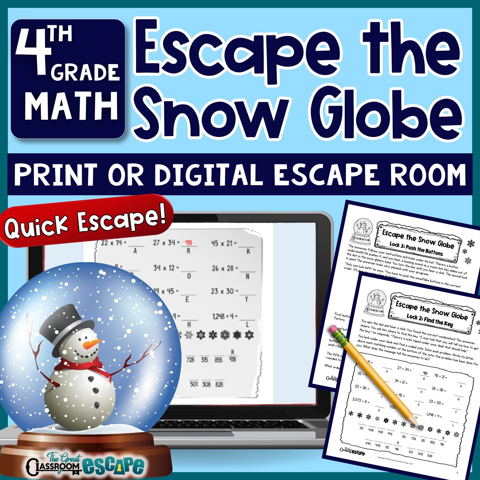 4th grade winter math Escape the Snow Globe activity in print and digital formats
