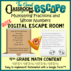 Escape the pizza parlor with your by using 4th grade math standards for multiplying fractions by whole numbers and whole numbers by fractions. Fraction multiplication has never been so fun as with this fourth grade math digital escape room.