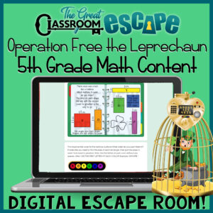 Free the leprechaun in this 5th grade math digital escape room by multiplying and dividing decimals, finding the area of rectangles with fractional side lengths, solving word problems, and more! This fun and engaging fifth grade math activity is perfect to practice and review fifth grade math standards for St. Patrick's Day.