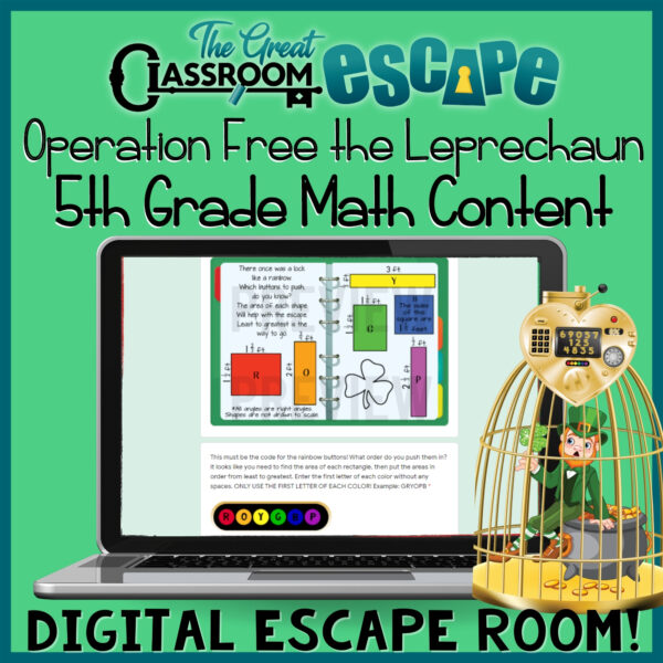 Free the leprechaun in this 5th grade math digital escape room by multiplying and dividing decimals, finding the area of rectangles with fractional side lengths, solving word problems, and more! This fun and engaging fifth grade math activity is perfect to practice and review fifth grade math standards for St. Patrick's Day.