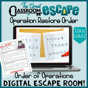 Practice and review order of operations without exponents in this 5th grade math digital escape room. Solve equations with parentheses and brackets with all four operations. This engaging digital escape room is a great worksheet alternative for reviewing order of operations.