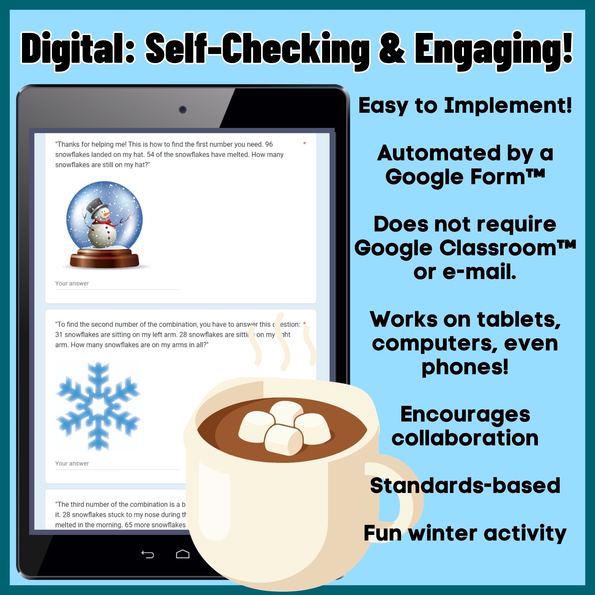 Self-checking digital 2nd grade Snow Globe math escape room
