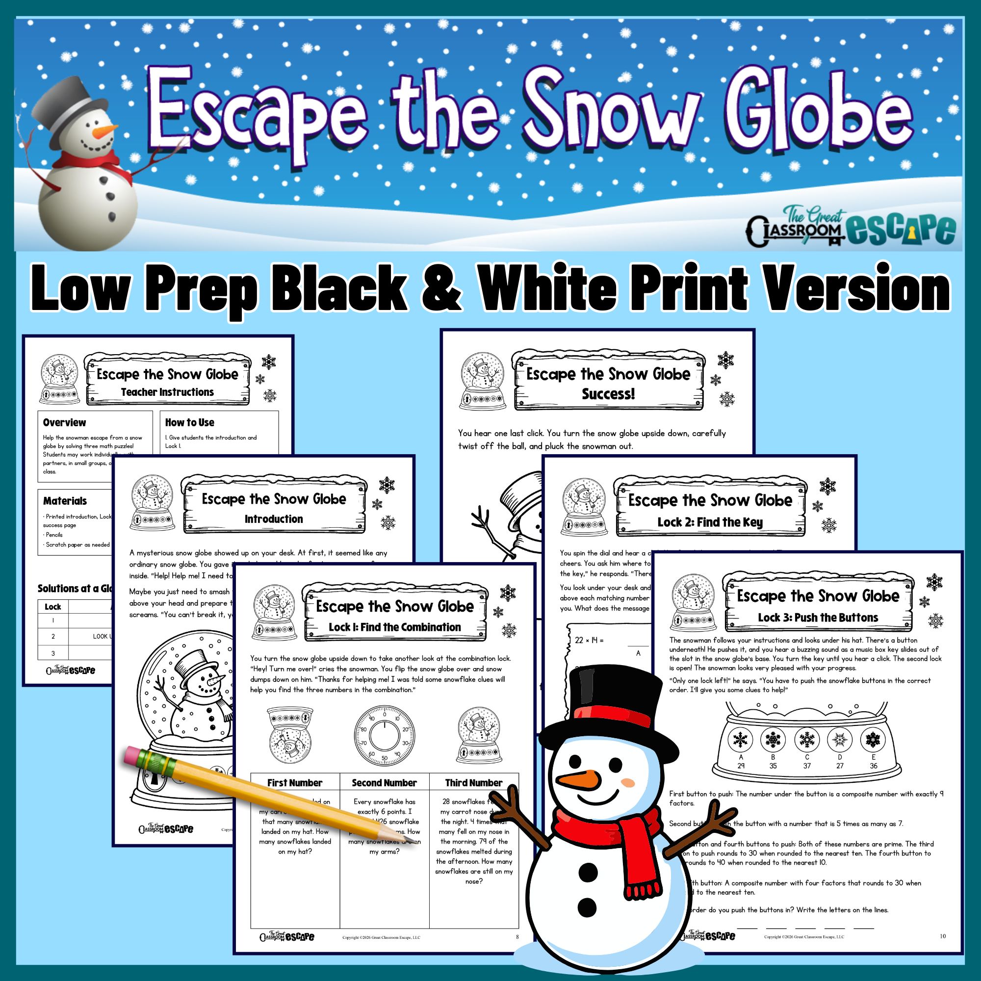 Printable 4th grade winter math Snow Globe escape room puzzle pages