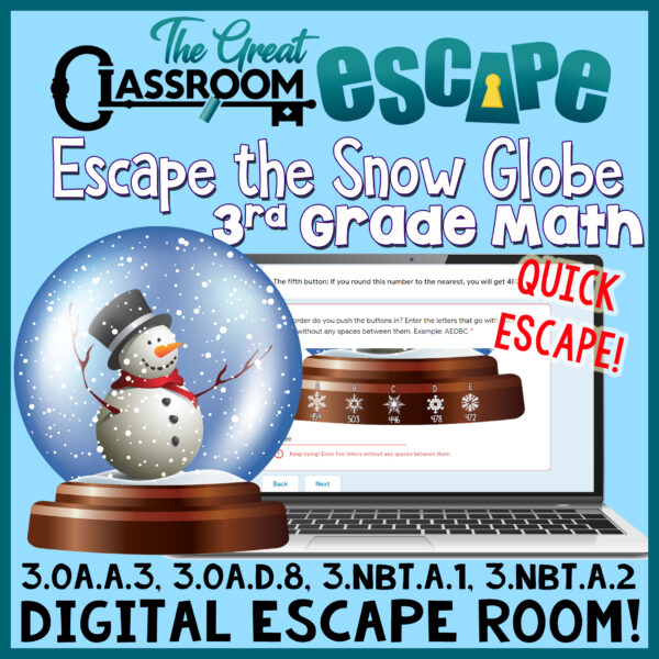 This 3rd grade math digital escape room is a perfect math activity to use before winter break. The snowman theme gives it a Christmas feel, but no holidays are mentioned.