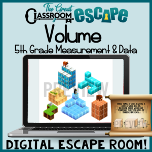 Finding the volume of rectangular prisms and composite right rectangular prisms digital escape room for 5th grade math. Practice the formula for finding the volume of rectangles using unit cubes and geometric formulas with this engaging digital escape room for fifth grade math standards.