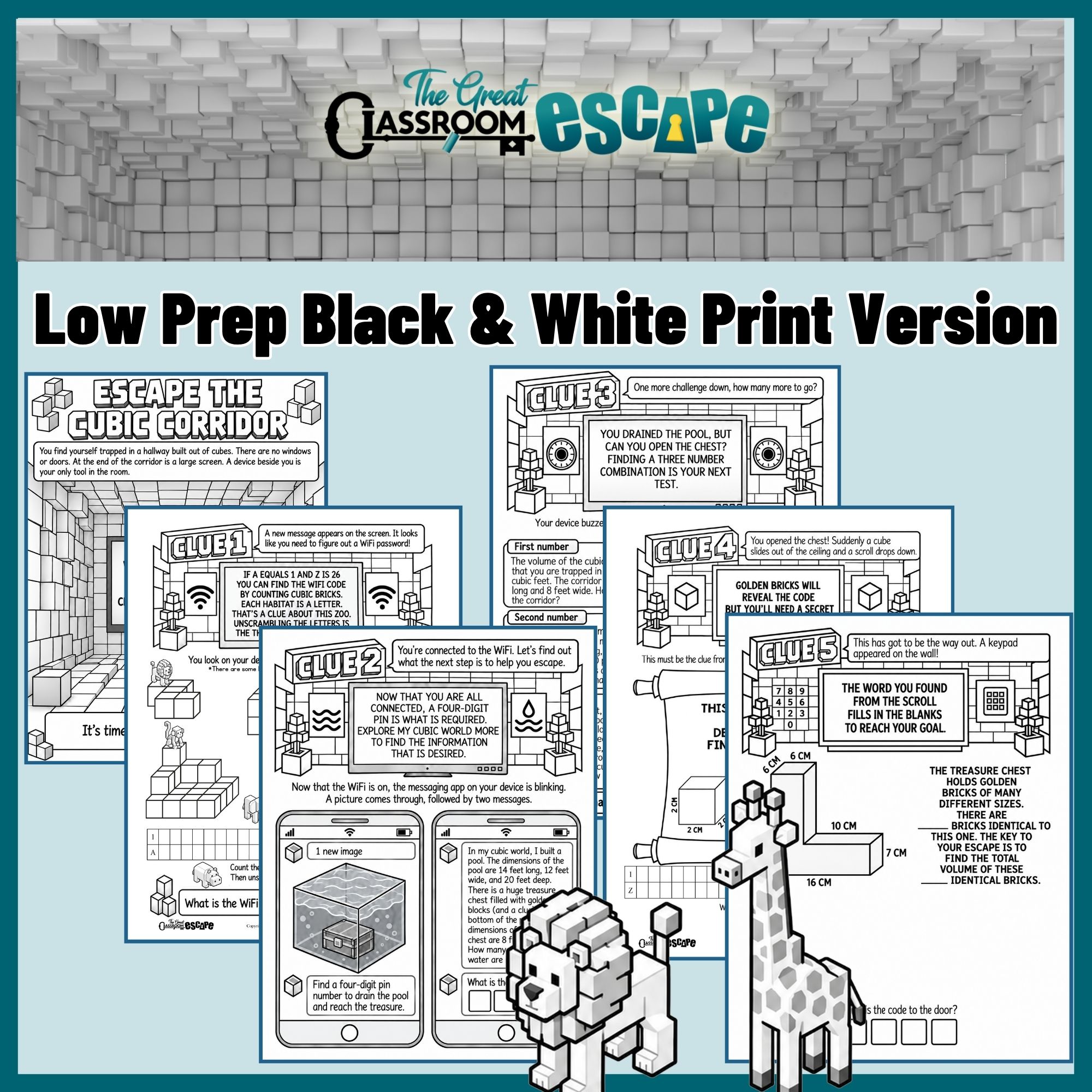 Printable 5th grade volume of rectangular prisms escape room with five black-and-white clues