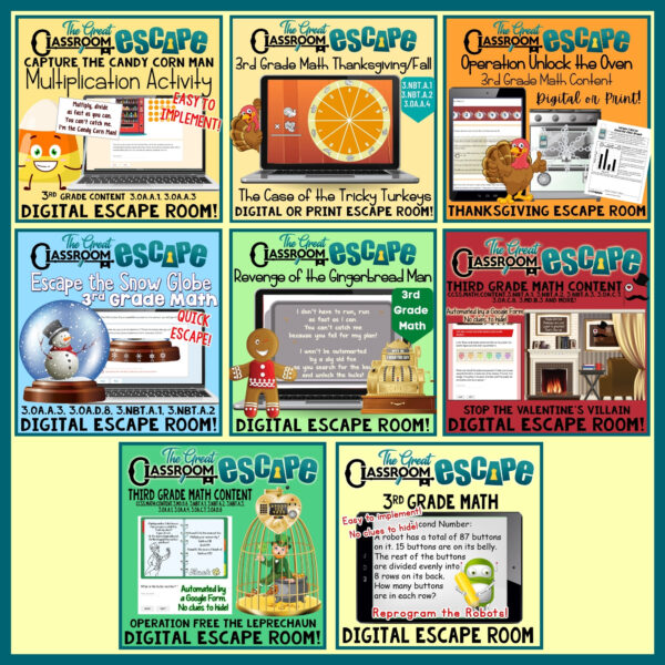 3rd Grade Math Holiday & Seasonal Digital Escape Room Bundle Challenging & Engaging Math Activities - Image 4