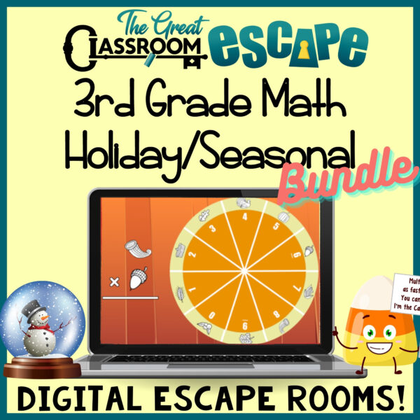 Third Grade Math Activities for holidays. These digital escape rooms focus on 3rd grade math skills and are fun and engaging for students. Digital math escape room activities for Halloween, Thanksgiving, winter/Christmas, Valentine's Day, St. Patrick's Day, and the end of the school year are all included.