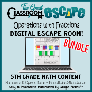 This escape room bundle includes activities for 5th graders to review multiplying fractions and mixed- numbers, adding and subtracting fractions with unlike denominators, and dividing whole numbers by unit fractions. These fun and challenging digital escape rooms are easy to implement and based on fifth grade math standards.