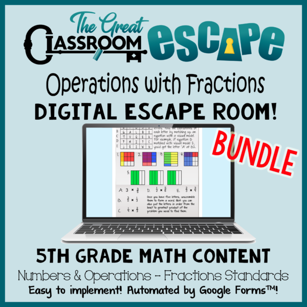 This escape room bundle includes activities for 5th graders to review multiplying fractions and mixed- numbers, adding and subtracting fractions with unlike denominators, and dividing whole numbers by unit fractions. These fun and challenging digital escape rooms are easy to implement and based on fifth grade math standards.