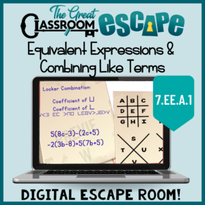 Fun and engaging seventh grade math digital escape room has students forming equivalent expressions by combining like terms, adding linear expressions, subtracting linear expressions, factoring, and distributing. This activity is the perfect way to practice 7th grade math standard 7.EE.A.1 and is a great worksheet alternative to keep students collaborating and increase engagment.